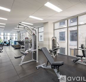 Chicago condo for rent - A gym with a variety of equipment including a leg press machine.