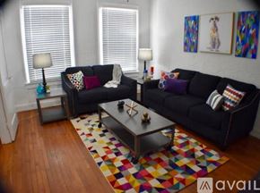 Tampa apartment for rent - A black couch with colorful pillows sits in a room with wooden floors and white walls.