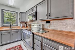 Savannah apartment for rent - A kitchen with grey cabinets and a wooden countertop.