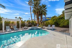 Palm Springs apartment for rent - A pool surrounded by palm trees and lounge chairs.