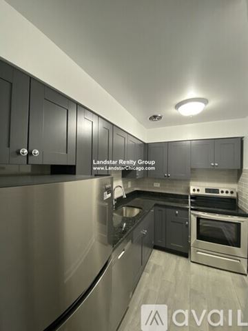 Chicago apartment for rent - A modern kitchen with Landstar Realty Group logo on the wall.