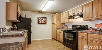 New Braunfels apartment for rent - A kitchen with wooden cabinets and black appliances.