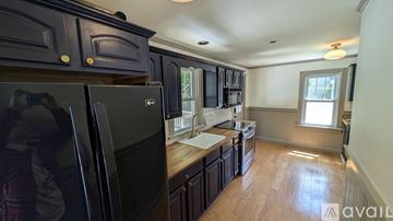 Newtown apartment for rent - A kitchen with black cabinets and a black refrigerator.