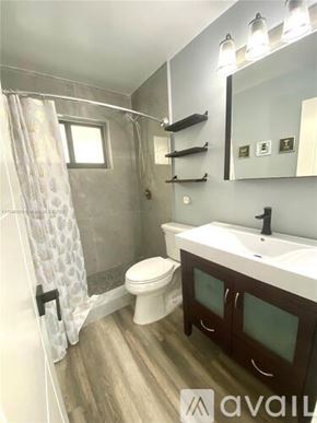 Miami apartment for rent - A bathroom with a toilet, sink, and shower.