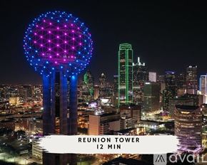 Dallas apartment for rent - A cityscape at night with a Reunion Tower and a tall green building.