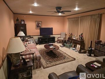 Houma house for rent - A living room with a sofa, a coffee table, a television, and a ceiling fan.