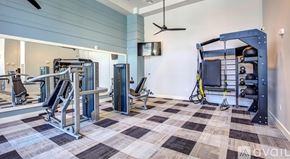 Frisco apartment for rent - A gym with a variety of equipment including a squat rack, bench press, and a weight rack.