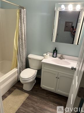 Stanton apartment for rent - A person is taking a selfie in a bathroom with a white toilet, sink, and a shower curtain.