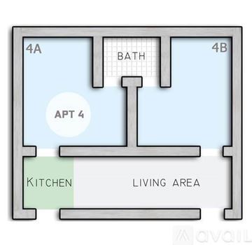San Diego apartment for rent - A floor plan shows a kitchen and living area with a bathroom in between.