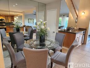 Palm Desert house for rent - A modern dining room with a glass table and chairs.