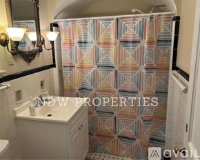 Wilson apartment for rent - A shower curtain with a geometric pattern in pastel colors hangs in a bathroom.