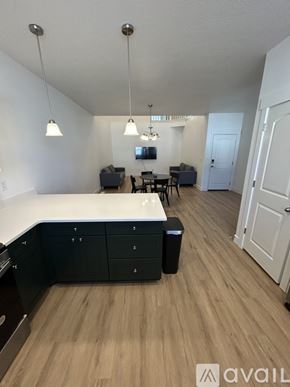 Lehi apartment for rent - A kitchen with black cabinets and a white countertop.