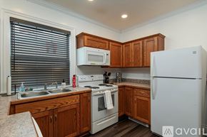 Oneonta apartment for rent - A kitchen with wooden cabinets and a white refrigerator.