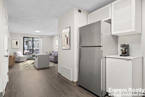 Boston apartment for rent - A kitchen area with a refrigerator, a sink, and a coffee maker.