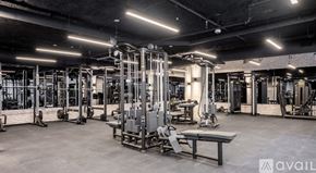 Miami apartment for rent - A gym with a variety of equipment including a squat rack, bench, and weights.