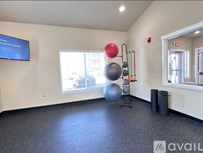 Spokane apartment for rent - A gym room with a blue screen on the wall and a row of exercise balls on a stand.