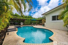 Miami house for rent - A swimming pool surrounded by palm trees and a house.