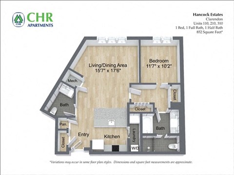 Floor plan for 1 bed, 1.5 baths, 950 sqft