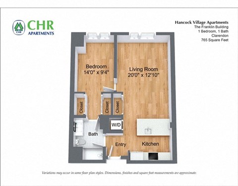 Floor plan for 1 bed, 1 bath, 1115 sqft