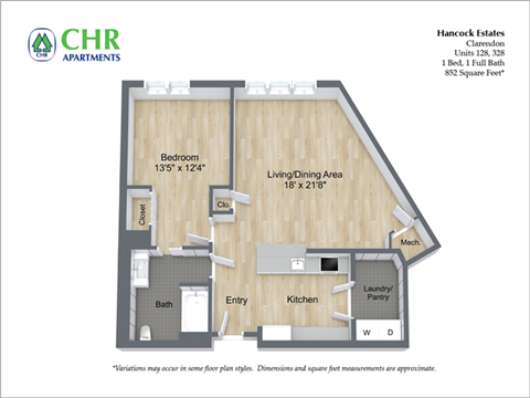 Floor plan for 1 bed, 1 bath, 852 sqft