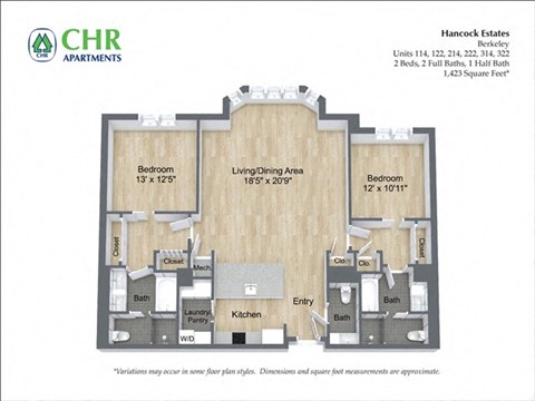 Floor plan for 2 beds, 2.5 baths, 1857 sqft