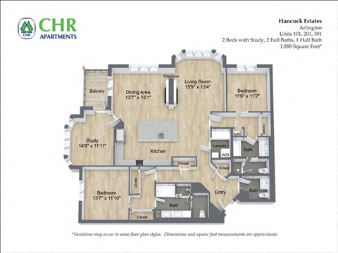Floor plan for 2 beds, 2.5 baths, 1888 sqft