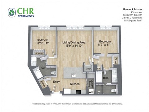 Floor plan for 2 beds, 2 baths, 1052 sqft