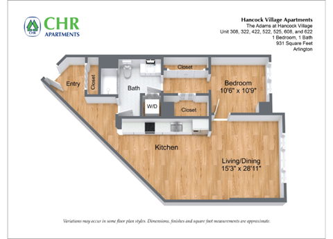 Floor plan for 1 bed, 1 bath, 932 sqft