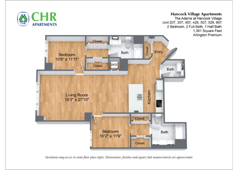 Floor plan for 2 beds, 2.5 baths, 1381 sqft