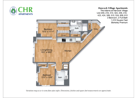 Floor plan for 2 beds, 2 baths, 1299 sqft