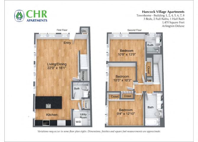 Floor plan for 3 beds, 2.5 baths, 1470 sqft