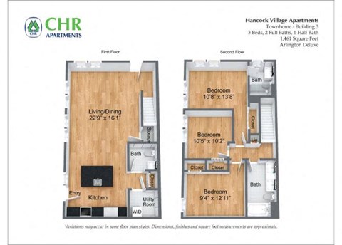 Floor plan for 3 beds, 2.5 baths, 1461 sqft