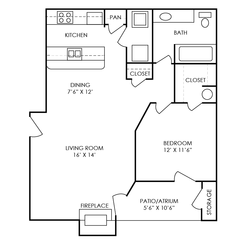 Floor plan for 1 bed, 1 bath, 870 sqft