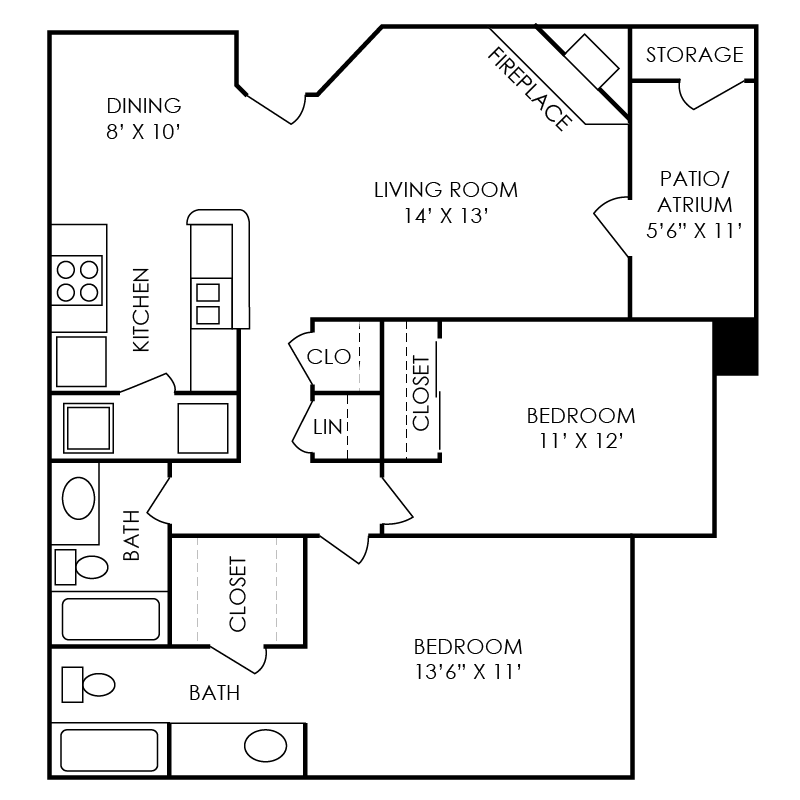 Floor plan for 2 beds, 2 baths, 1015 sqft