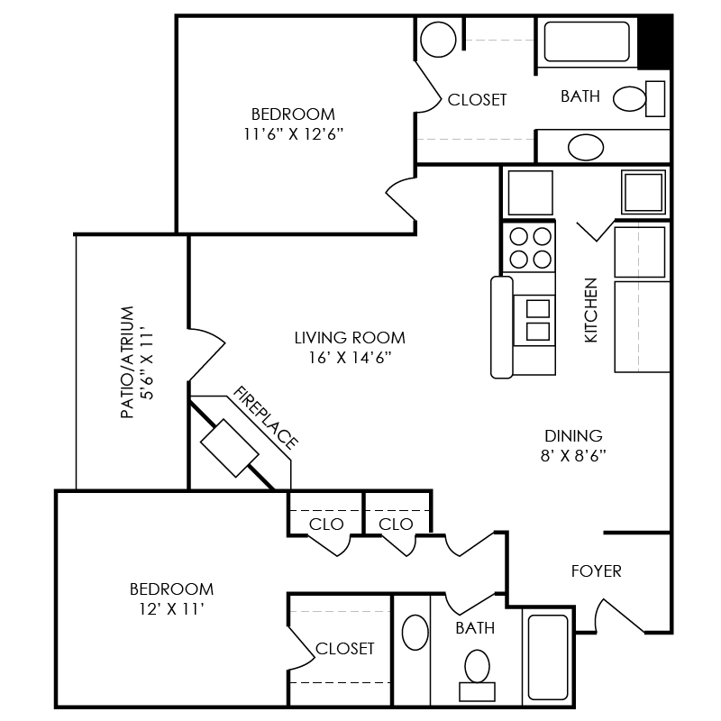 Floor plan for 2 beds, 2 baths, 1145 sqft