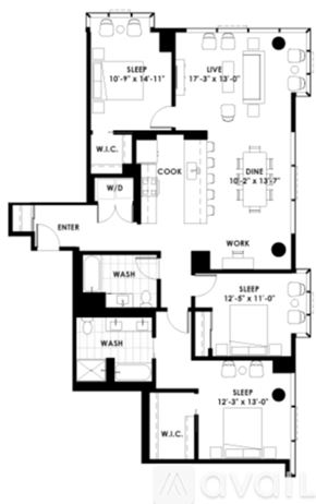 Chicago apartment for rent - A black and white image of a floor plan for a two-bedroom apartment.