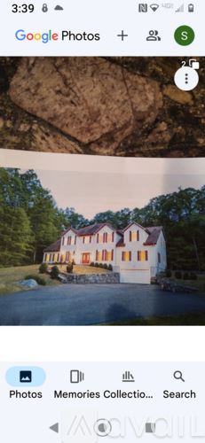 Ridgefield house for rent - A large rock formation is displayed in the upper photo, while the lower photo shows a house with a red roof nestled among trees.