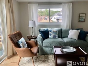 Old Orchard Beach apartment for rent - A living room with a brown leather chair and a green couch.