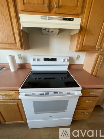 Black Mountain apartment for rent - A white oven with a black bottom is in a kitchen with wooden cabinets.