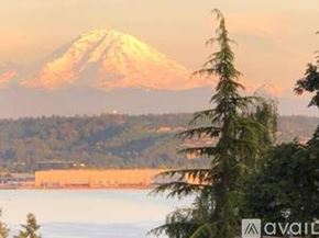 Mercer Island house for rent - A mountain with a snow cap is in the background with trees in the foreground.