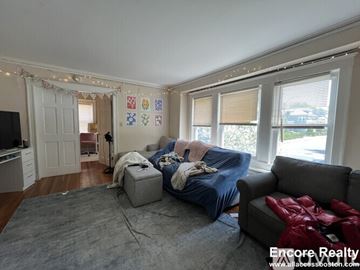 Boston apartment for rent - A living room with a grey couch and a blue blanket on it.