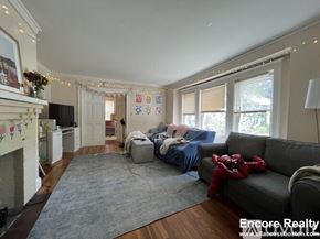 Boston apartment for rent - A living room with a grey couch and a fireplace.