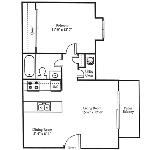 Floor plan for 1 bed, 1 bath, 635 sqft