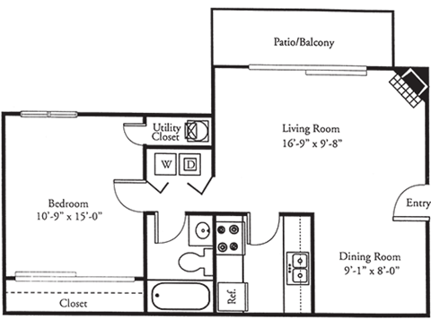 Floor plan for 1 bed, 1 bath, 728 sqft