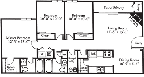 Floor plan for 3 beds, 2 baths, 1200 sqft