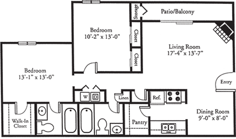 Floor plan for 2 beds, 2 baths, 1015 sqft