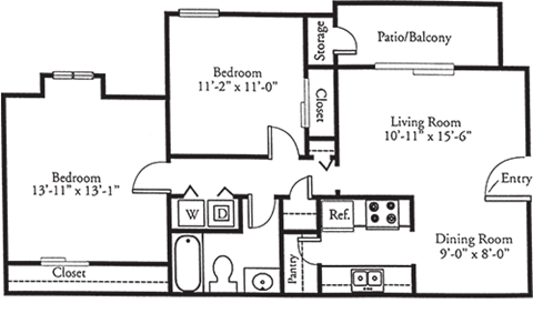 Floor plan for 2 beds, 1 bath, 895 sqft