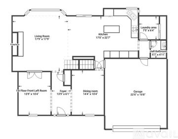O'fallon apartment for rent - A floor plan of a house with a living room, kitchen, dining room, and two bathrooms.