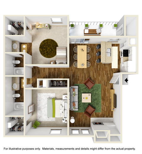 Floor plan for 2 beds, 2 baths, 944 sqft
