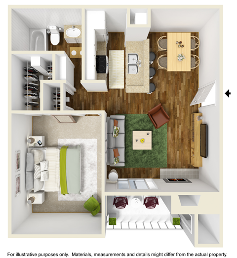 Floor plan for 1 bed, 1 bath, 609 sqft